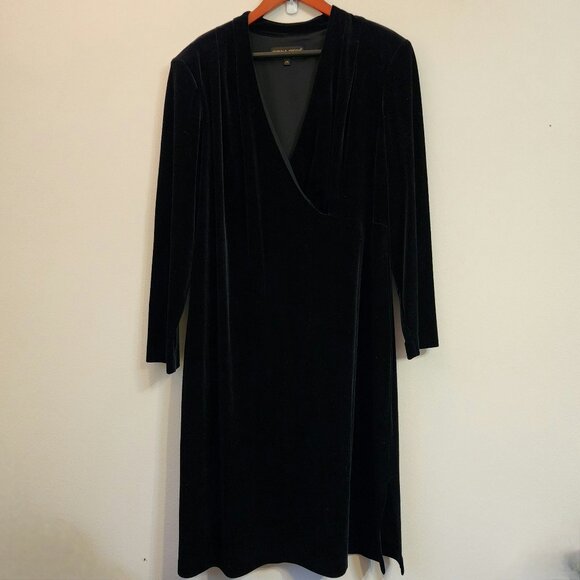 Vtg Donna Ricco Black Velvet Sparkly Midi Dress Sz 24 VNeck Long Slv Wimsigoth - Picture 1 of 15